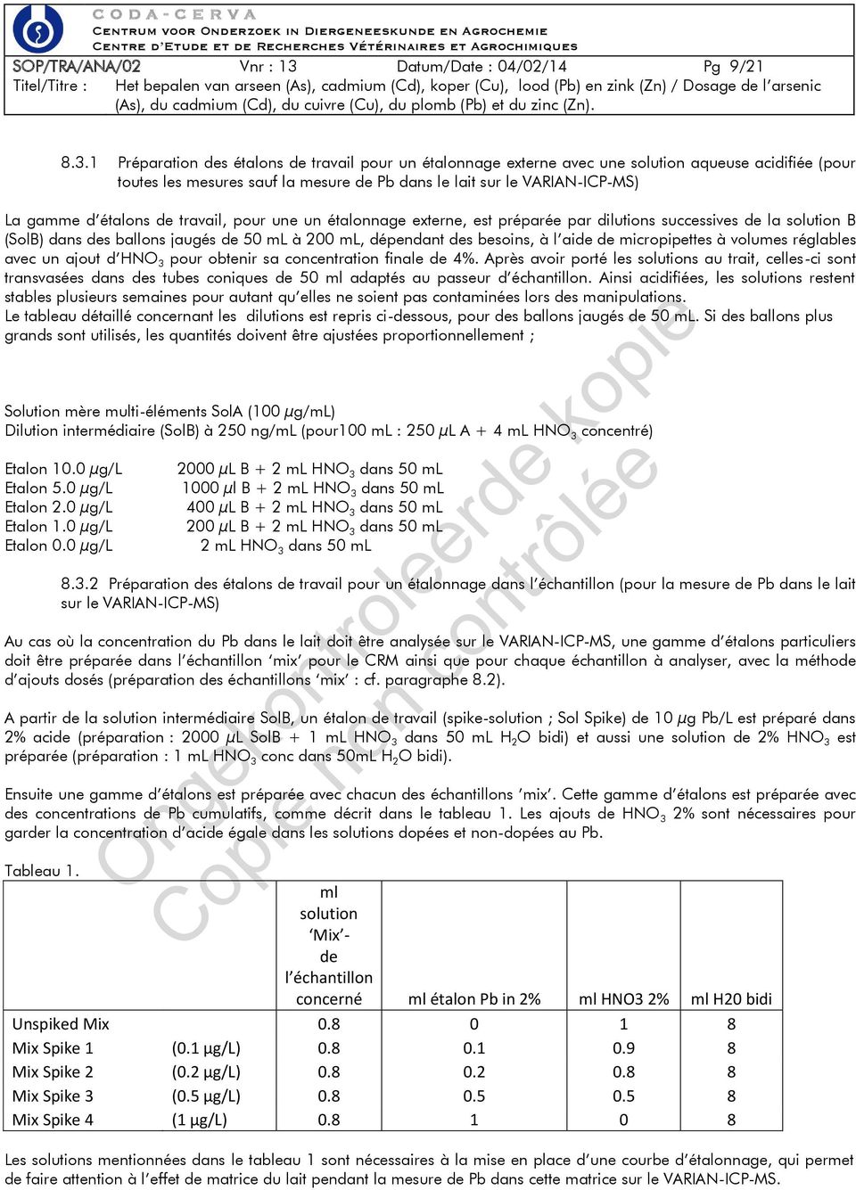 1 Préparation des étalons de travail pour un étalonnage externe avec une solution aqueuse acidifiée (pour toutes les mesures sauf la mesure de Pb dans le lait sur le VARIAN-ICP-MS) La gamme d étalons