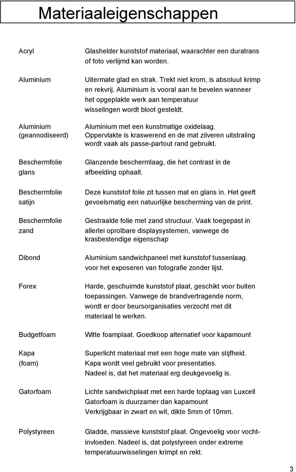 Aluminium is vooral aan te bevelen wanneer het opgeplakte werk aan temperatuur wisselingen wordt bloot gesteldt. Aluminium met een kunstmatige oxidelaag.