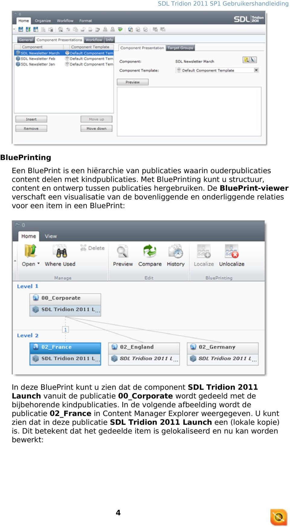 De BluePrint-viewer verschaft een visualisatie van de bovenliggende en onderliggende relaties voor een item in een BluePrint: In deze BluePrint kunt u zien dat de component SDL Tridion