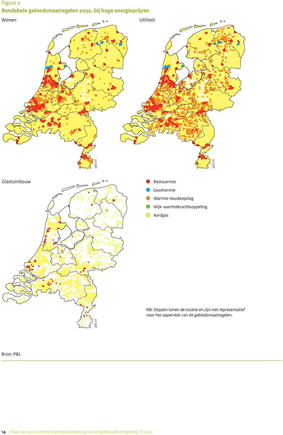 Stippen tonen de locatie en zijn niet representatief voor het oppervlak van de