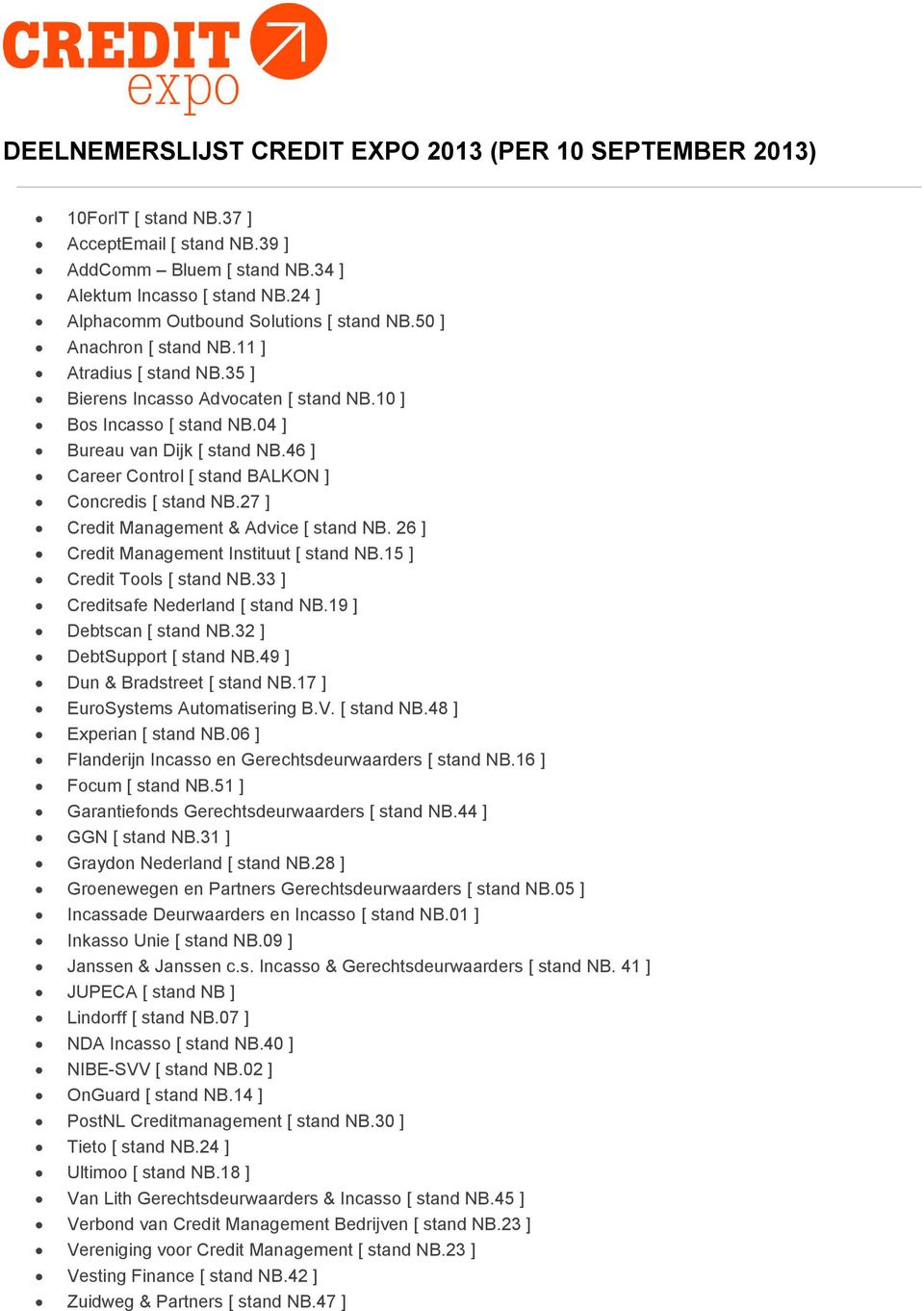 46 ] Career Control [ stand BALKON ] Concredis [ stand NB.27 ] Credit Management & Advice [ stand NB. 26 ] Credit Management Instituut [ stand NB.15 ] Credit Tools [ stand NB.