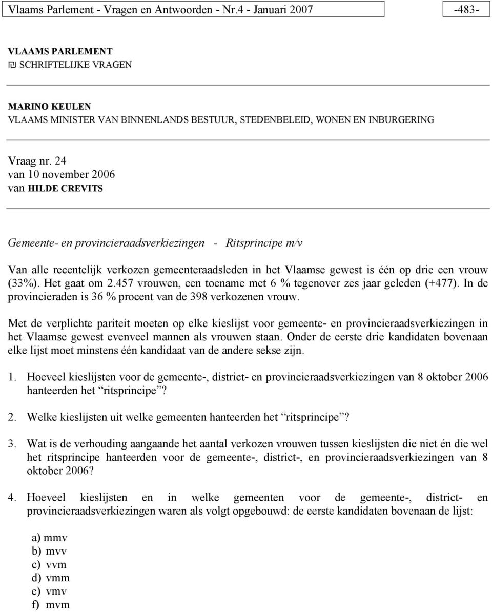 24 van 10 november 2006 van HILDE CREVITS Gemeente- en provincieraadsverkiezingen - Ritsprincipe m/v Van alle recentelijk verkozen gemeenteraadsleden in het Vlaamse gewest is één op drie een vrouw