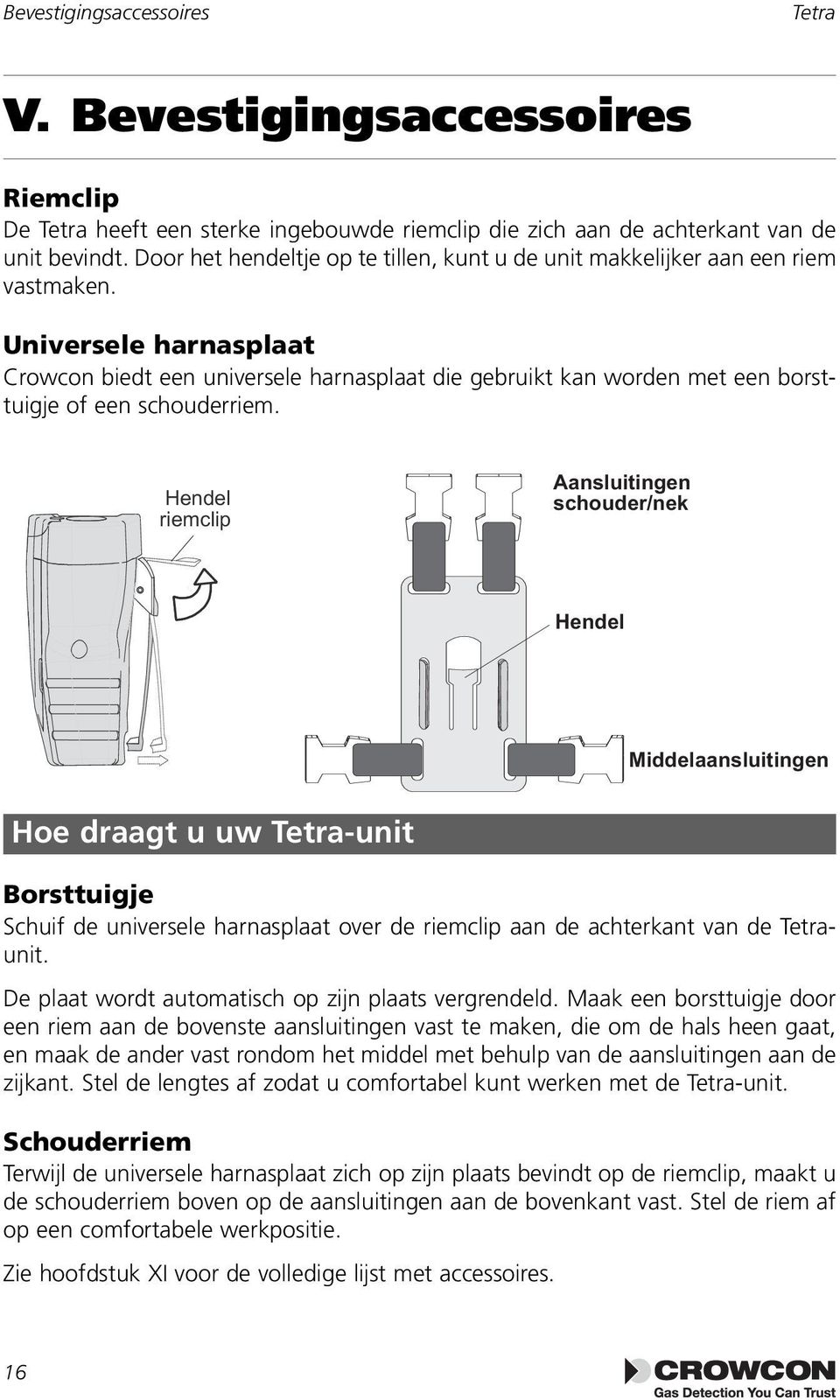 Universele harnasplaat Crowcon biedt een universele harnasplaat die gebruikt kan worden met een borsttuigje of een schouderriem.