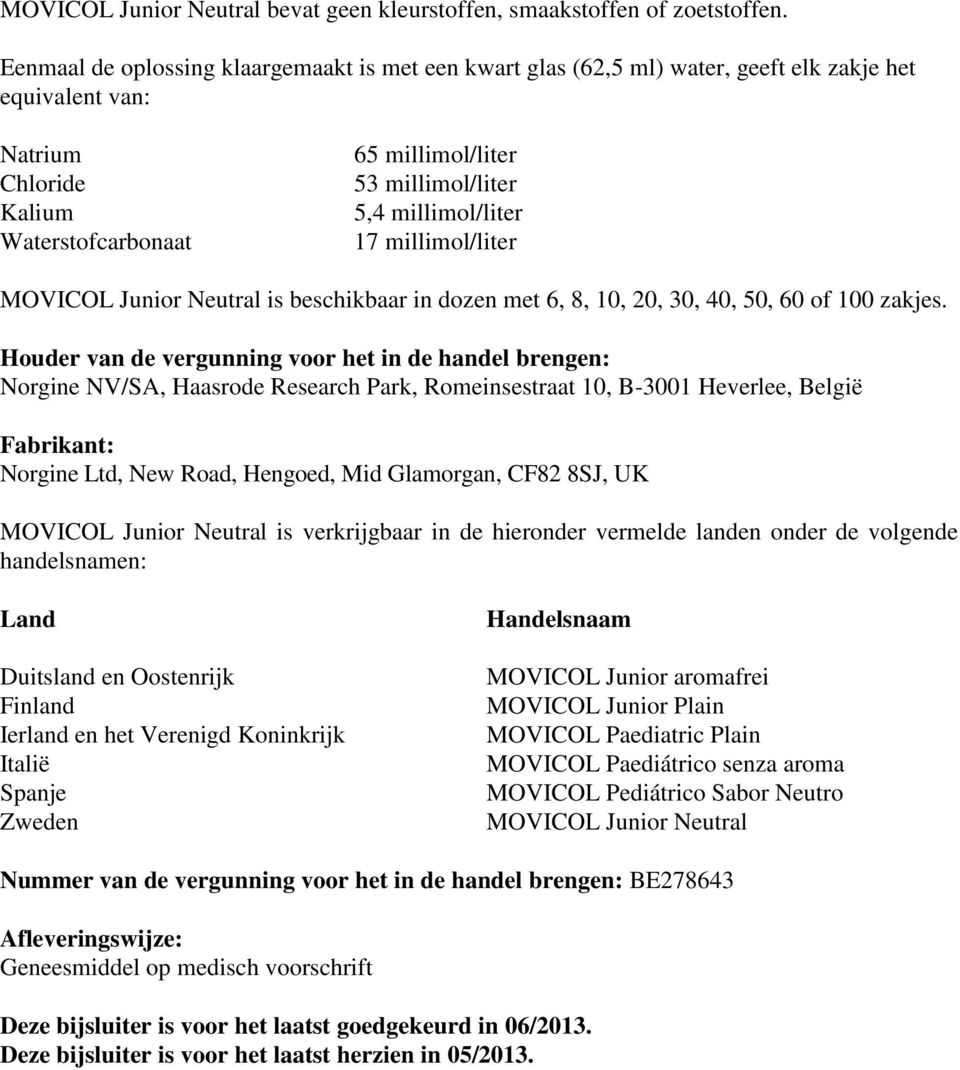 millimol/liter 17 millimol/liter MOVICOL Junior Neutral is beschikbaar in dozen met 6, 8, 10, 20, 30, 40, 50, 60 of 100 zakjes.