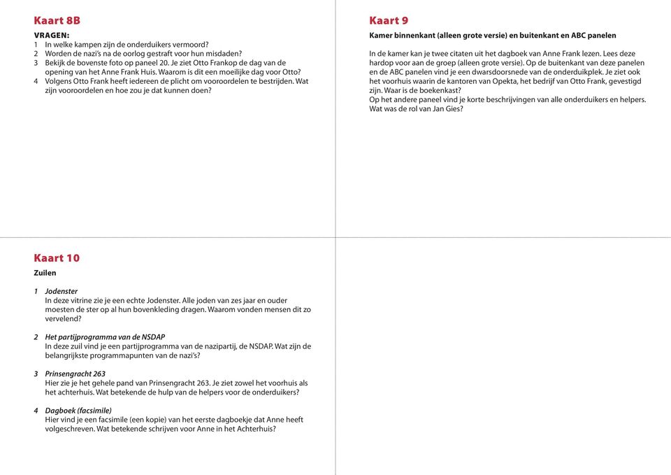 Wat zijn vooroordelen en hoe zou je dat kunnen doen? Kaart 9 Kamer binnenkant (alleen grote versie) en buitenkant en ABC panelen In de kamer kan je twee citaten uit het dagboek van Anne Frank lezen.