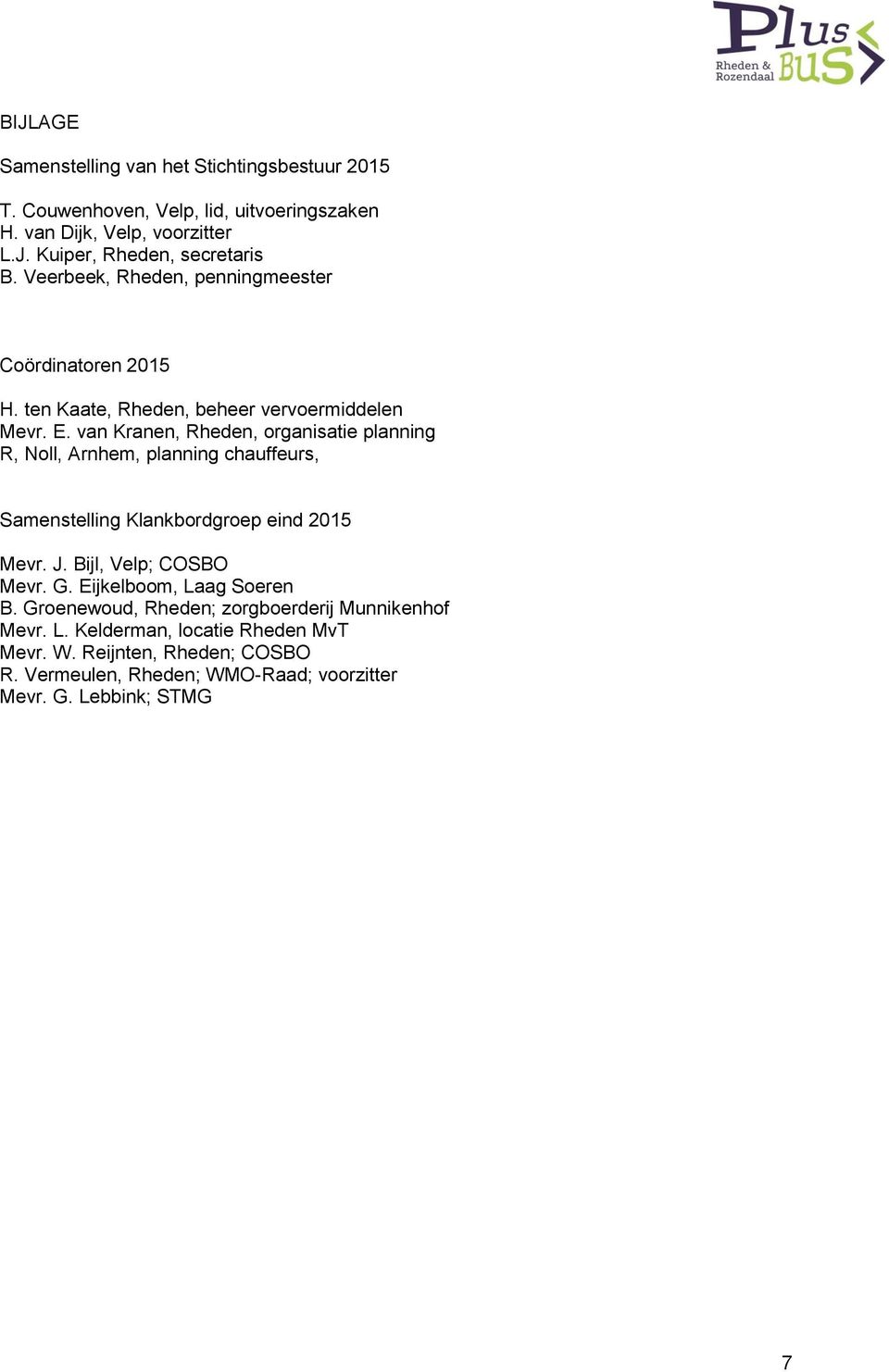 van Kranen, Rheden, organisatie planning R, Noll, Arnhem, planning chauffeurs, Samenstelling Klankbordgroep eind 2015 Mevr. J. Bijl, Velp; COSBO Mevr. G.