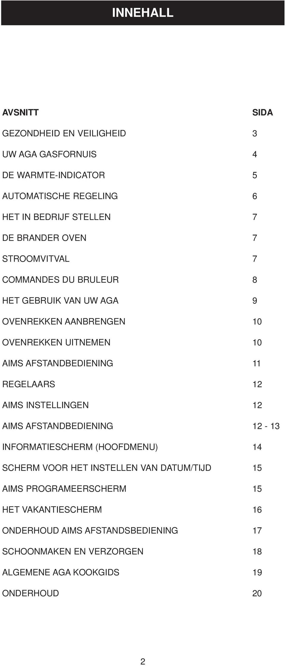 AFSTANDBEDIENING 11 REGELAARS 12 AIMS INSTELLINGEN 12 AIMS AFSTANDBEDIENING 12-13 INFORMATIESCHERM (HOOFDMENU) 14 SCHERM VOOR HET INSTELLEN VAN