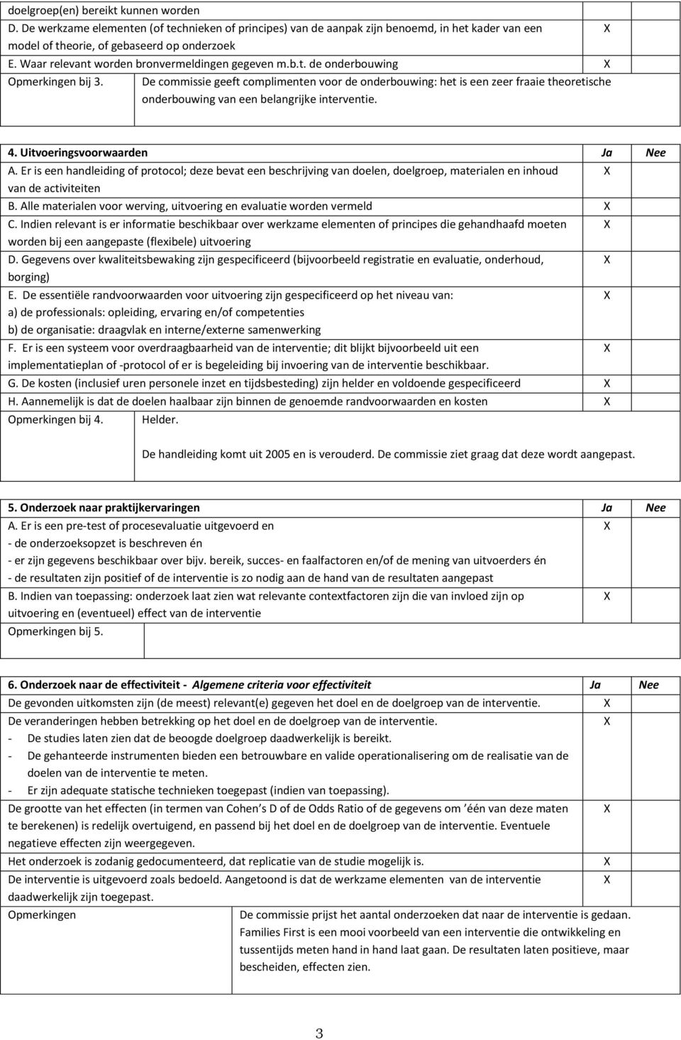 De commissie geeft complimenten voor de onderbouwing: het is een zeer fraaie theoretische onderbouwing van een belangrijke interventie. 4. Uitvoeringsvoorwaarden Ja Nee A.