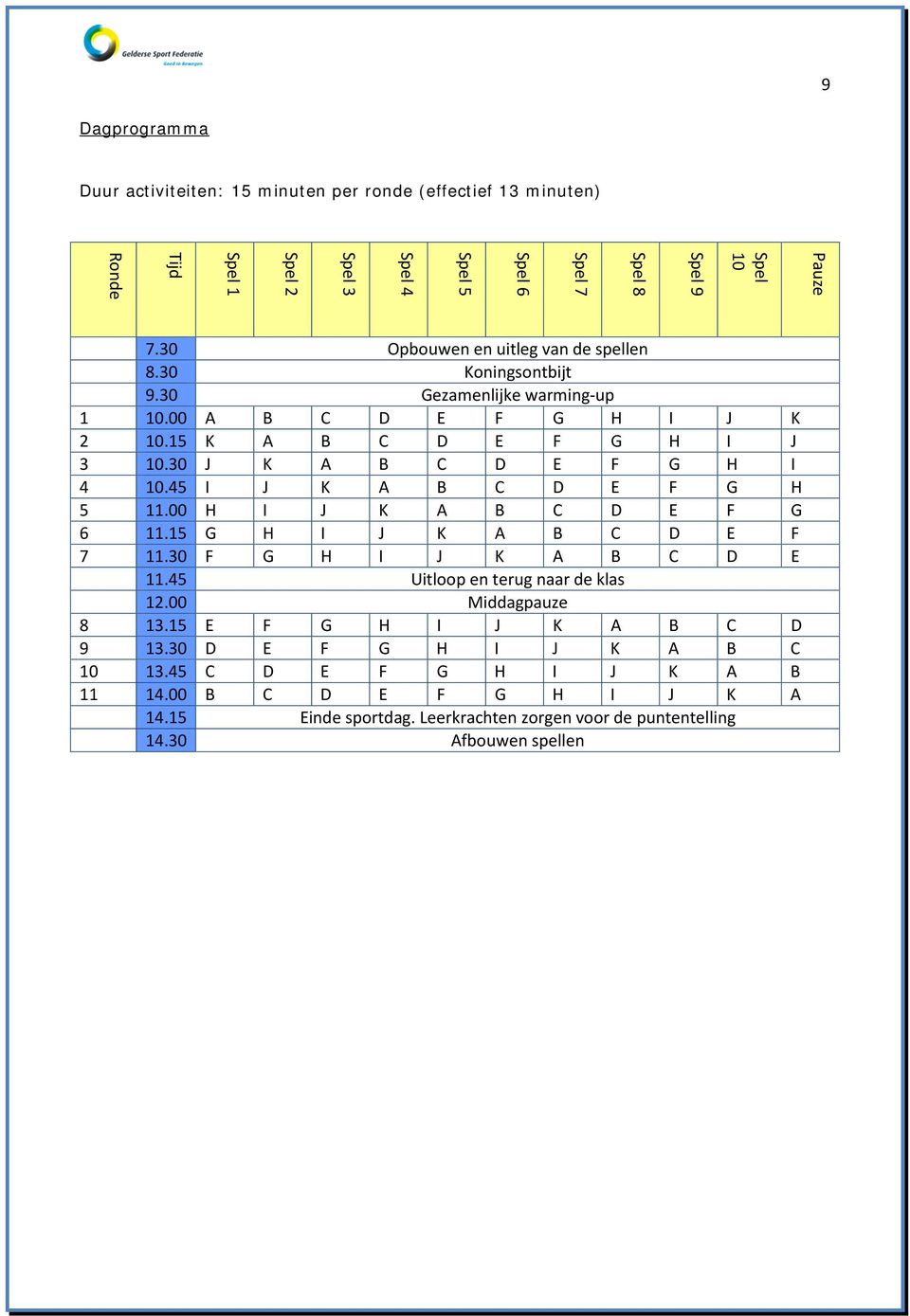 45 I J K A B C D E F G H 5 11.00 H I J K A B C D E F G 6 11.15 G H I J K A B C D E F 7 11.30 F G H I J K A B C D E 11.45 Uitloop en terug naar de klas 12.00 Middagpauze 8 13.