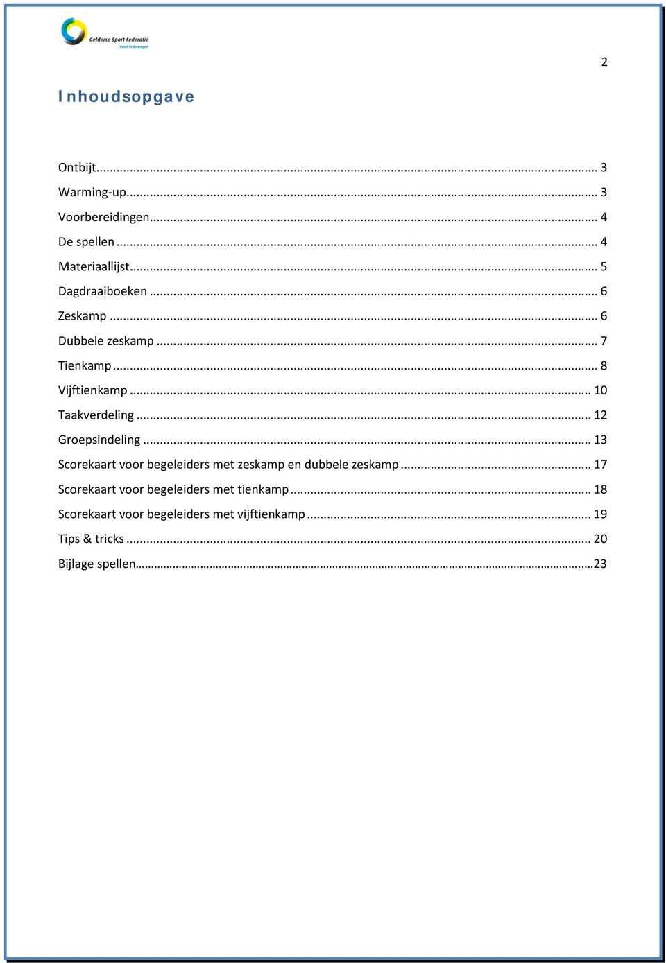 .. 12 Groepsindeling... 13 Scorekaart voor begeleiders met zeskamp en dubbele zeskamp.