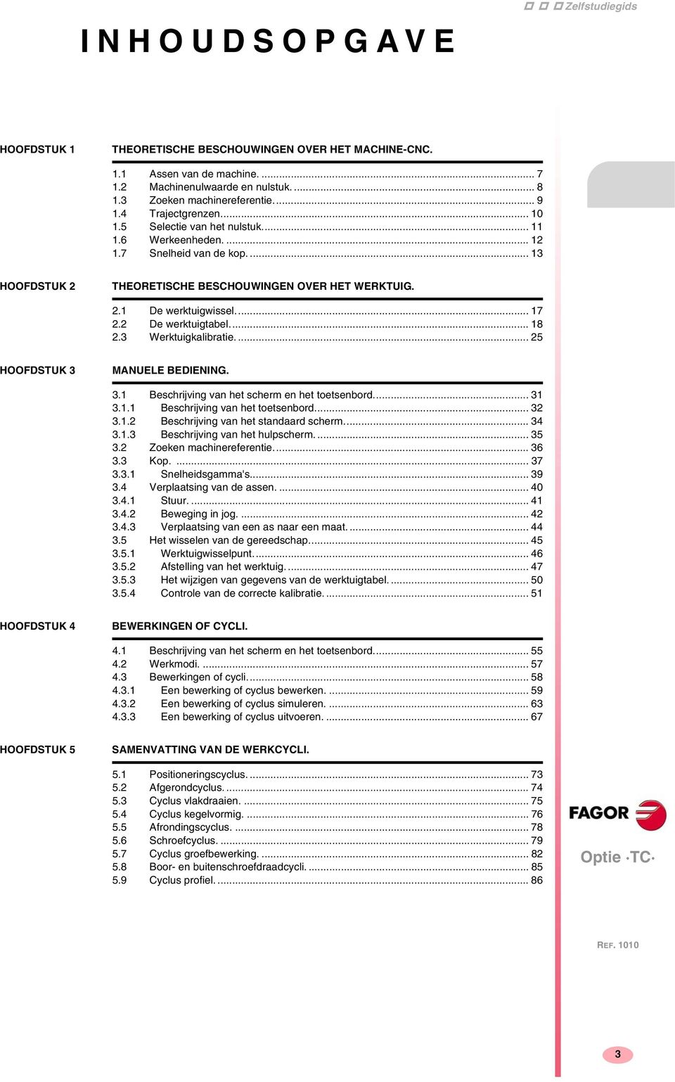 2 De werktuigtabel... 18 2.3 Werktuigkalibratie.... 25 HOOFDSTUK 3 MANUELE BEDIENING. 3.1 Beschrijving van het scherm en het toetsenbord... 31 3.1.1 Beschrijving van het toetsenbord... 32 3.1.2 Beschrijving van het standaard scherm.