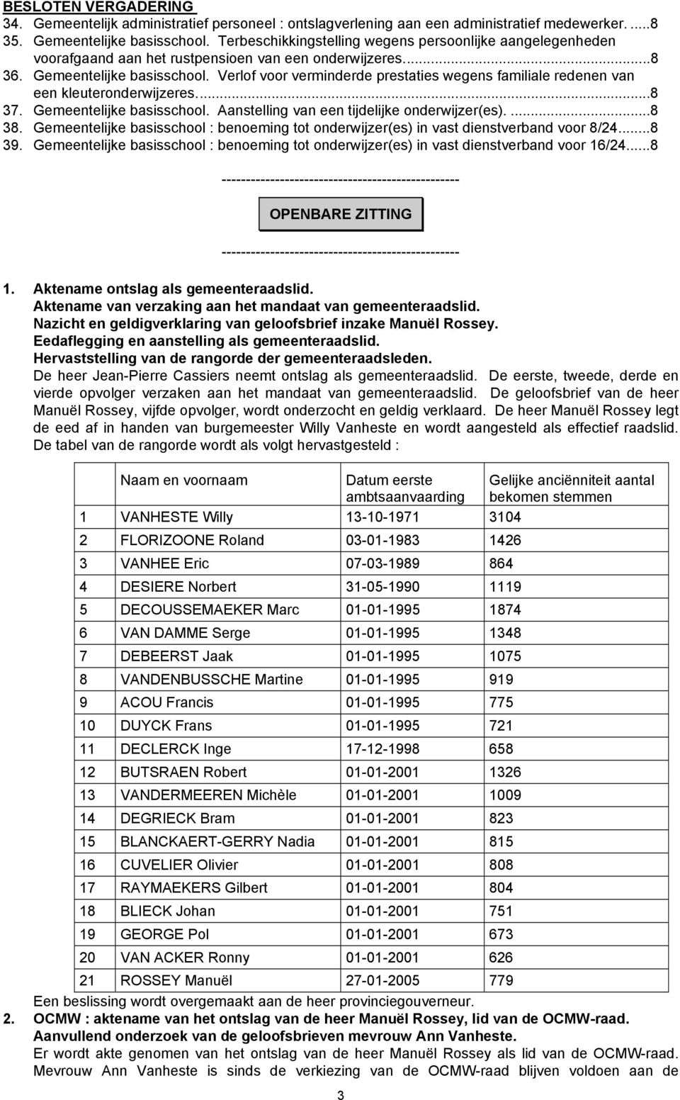 Verlof voor verminderde prestaties wegens familiale redenen van een kleuteronderwijzeres...8 37. Gemeentelijke basisschool. Aanstelling van een tijdelijke onderwijzer(es)....8 38.