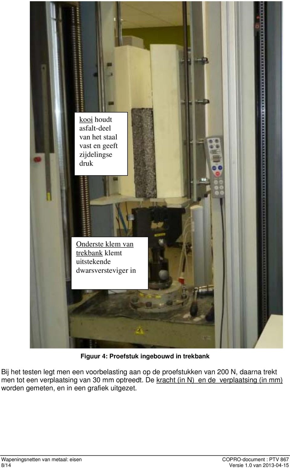 proefstukken van 200 N, daarna trekt men tot een verplaatsing van 30 mm optreedt.