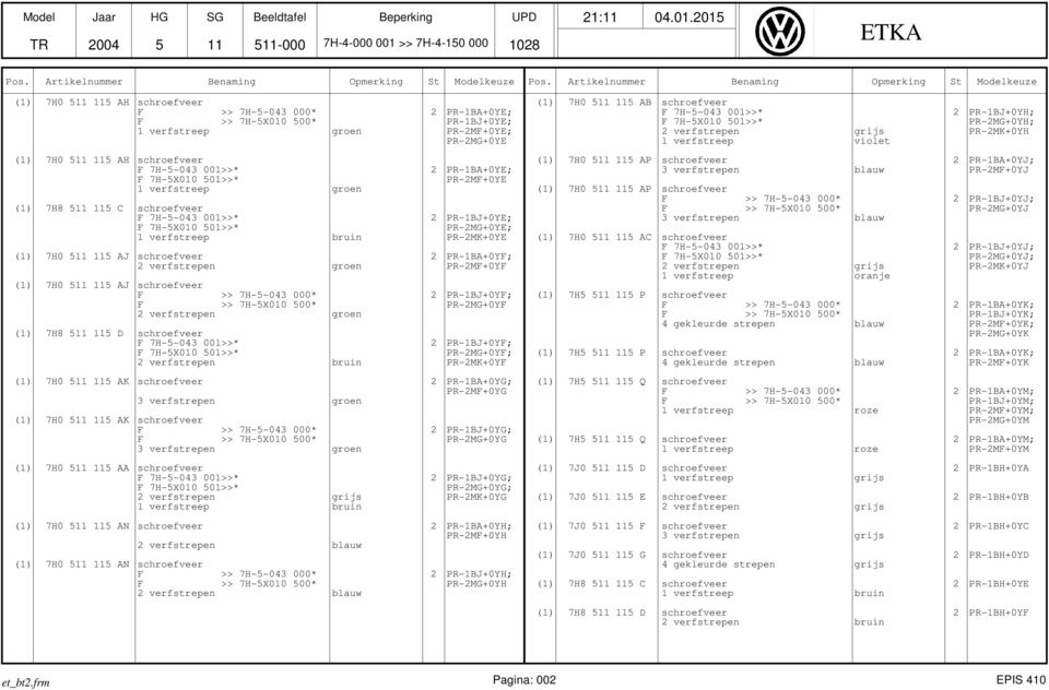 201 (1) 7H0 11 11 AH schroefveer groen 2 PR-1BA+0YE; PR-1BJ+0YE; PR-2MF+0YE; PR-2MG+0YE (1) 7H0 11 11 AB schroefveer violet 2 PR-1BJ+0YH; PR-2MG+0YH; PR-2MK+0YH (1) 7H0 11 11 AH schroefveer groen (1)