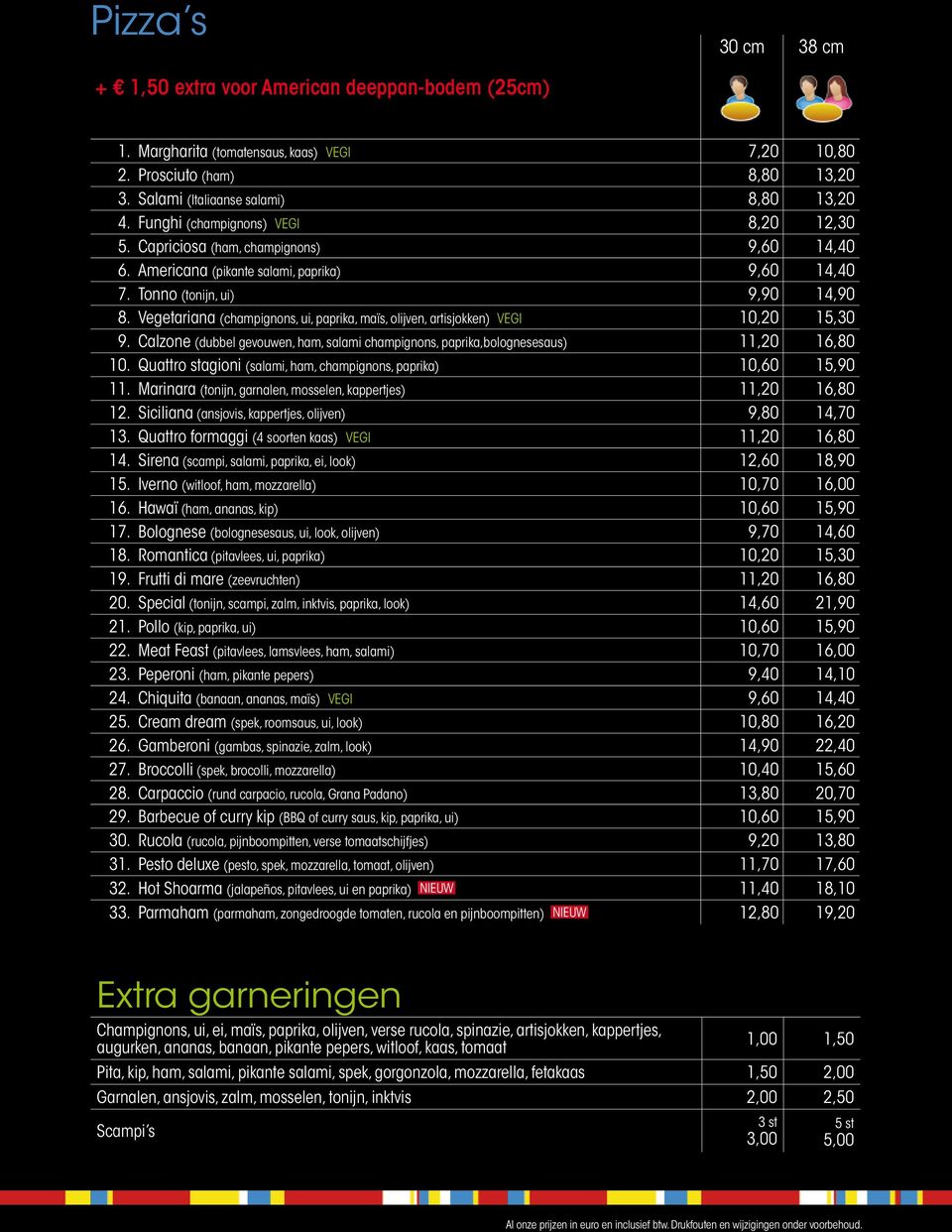 Vegetariana (champignons, ui, paprika, maïs, olijven, artisjokken) VEGI 10,20 15,30 9. Calzone (dubbel gevouwen, ham, salami champignons, paprika,bolognesesaus) 11,20 16,80 10.