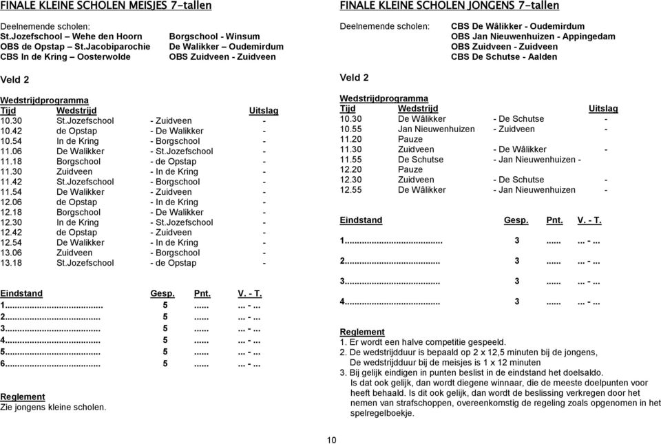 Zuidveen - Zuidveen CBS De Schutse - Aalden Veld 2 Veld 2 10.30 St.Jozefschool - Zuidveen - 10.42 de Opstap - De Walikker - 10.54 In de Kring - Borgschool - 11.06 De Walikker - St.Jozefschool - 11.