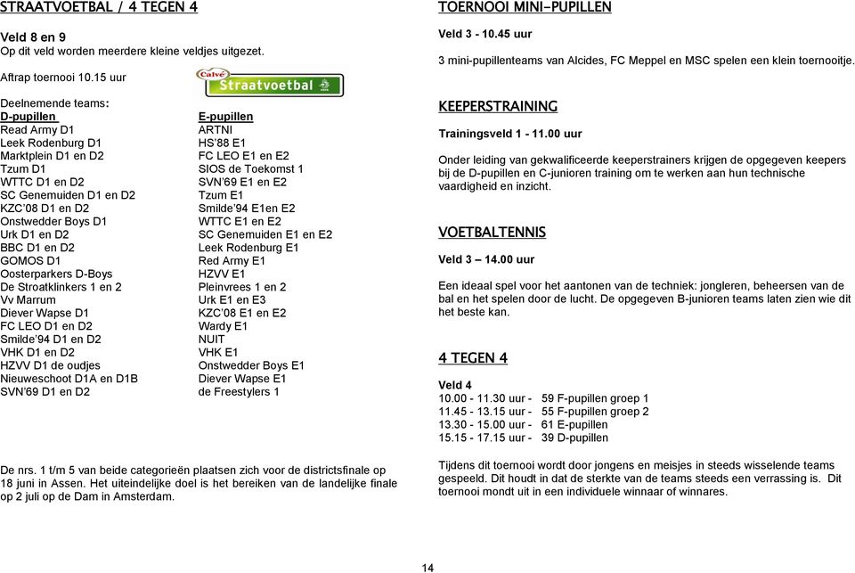 Genemuiden D1 en D2 Tzum E1 KZC 08 D1 en D2 Smilde 94 E1en E2 Onstwedder Boys D1 WTTC E1 en E2 Urk D1 en D2 SC Genemuiden E1 en E2 BBC D1 en D2 Leek Rodenburg E1 GOMOS D1 Red Army E1 Oosterparkers