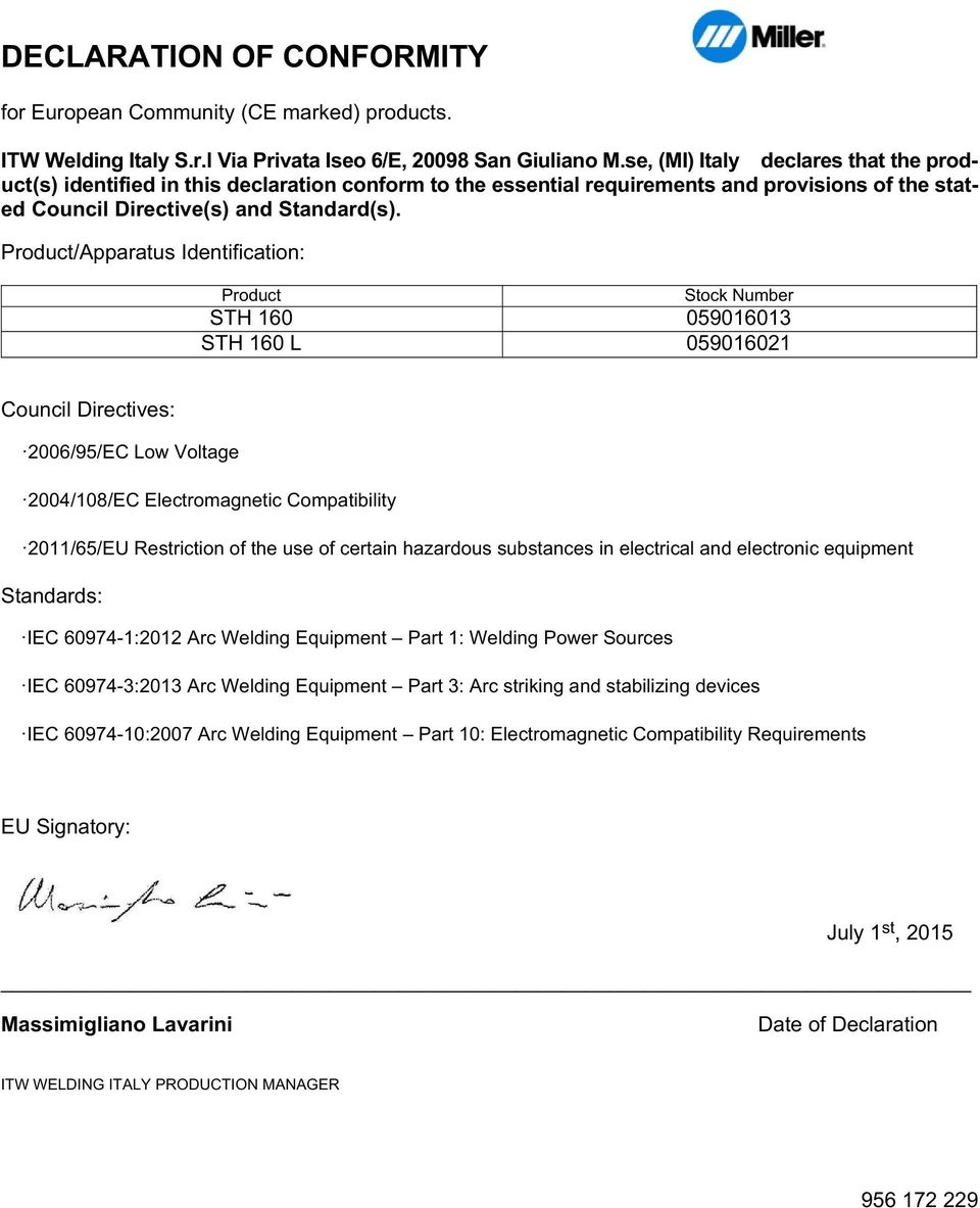 Product/Apparatus Identification: Product Stock Number STH 160 059016013 STH 160 L 059016021 Council Directives: 2006/95/EC Low Voltage 2004/108/EC Electromagnetic Compatibility 2011/65/EU