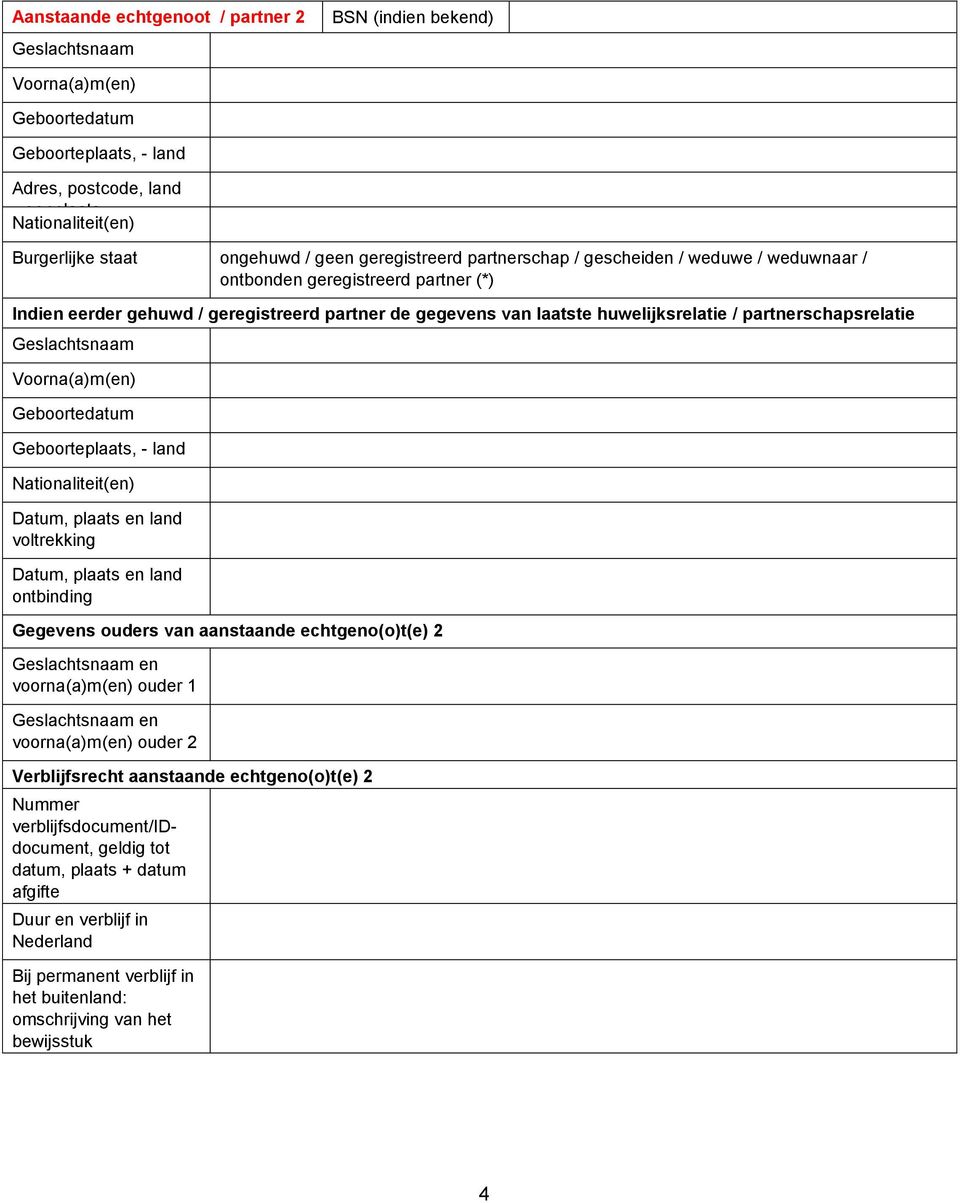 plaats en land ontbinding Gegevens ouders van aanstaande echtgeno(o)t(e) 2 en voorna(a)m(en) ouder 1 en voorna(a)m(en) ouder 2 Verblijfsrecht aanstaande echtgeno(o)t(e) 2