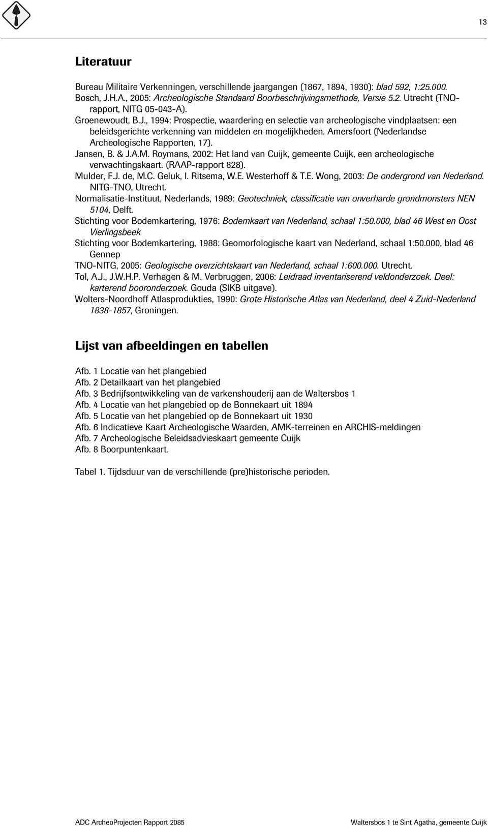 Amersfoort (Nederlandse Archeologische Rapporten, 17). Jansen, B. & J.A.M. Roymans, 2002: Het land van Cuijk, gemeente Cuijk, een archeologische verwachtingskaart. (RAAP-rapport 828). Mulder, F.J. de, M.