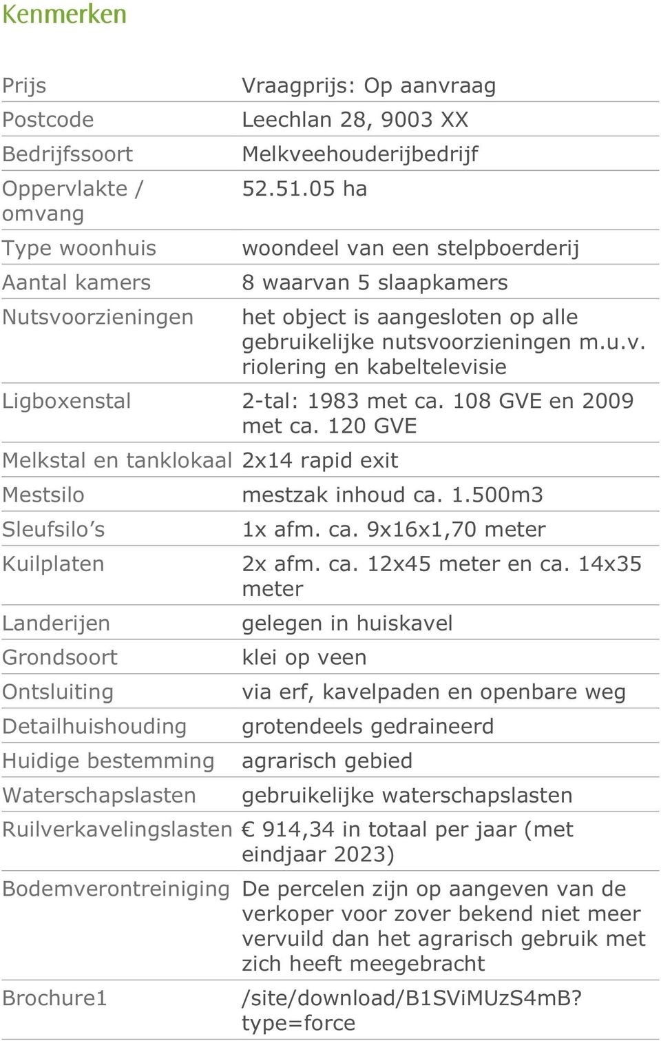 108 GVE en 2009 met ca. 120 GVE Melkstal en tanklokaal 2x14 rapid exit Mestsilo mestzak inhoud ca. 1.500m3 Sleufsilo s Kuilplaten Landerijen Grondsoort Ontsluiting Detailhuishouding Huidige bestemming Waterschapslasten 1x afm.