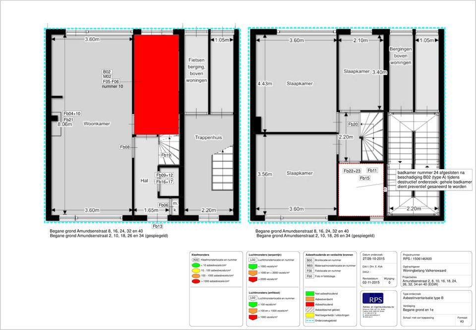 Begane grond Amundsenstraat 2, 10, 18, 26 en 34 (gespiegeld) Kleefmonsters K00 Kleefmonsterlocatie en nummer Luchtmonsters (serpentijn) L00 Luchtmonsterlocatie en nummer Asbesthoudende en verdachte