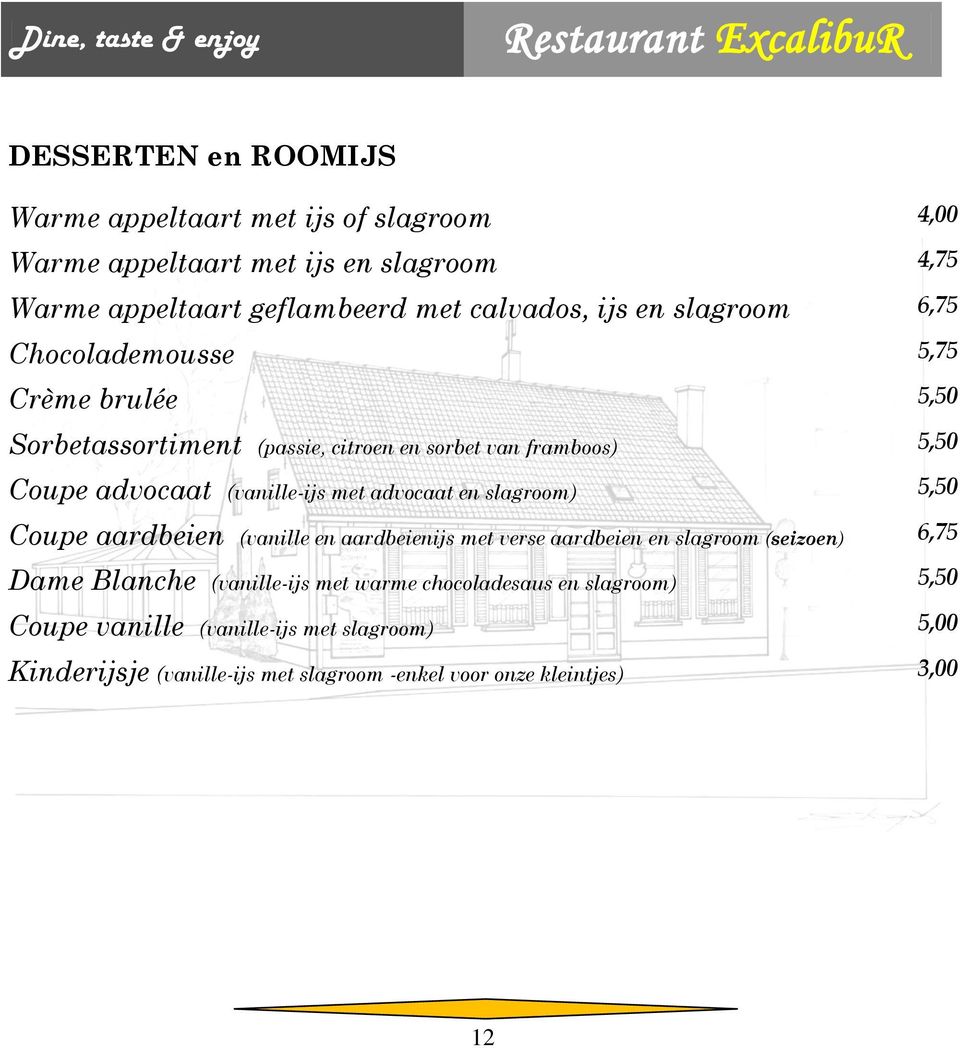 met advocaat en slagroom) 5,50 Coupe aardbeien (vanille en aardbeienijs met verse aardbeien en slagroom (seizoen) 6,75 Dame Blanche (vanille-ijs met