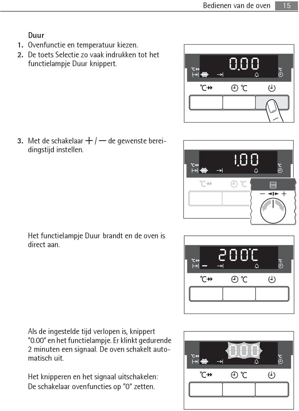 Met de schakelaar / de gewenste bereidingstijd instellen. Het functielampje Duur brandt en de oven is direct aan.