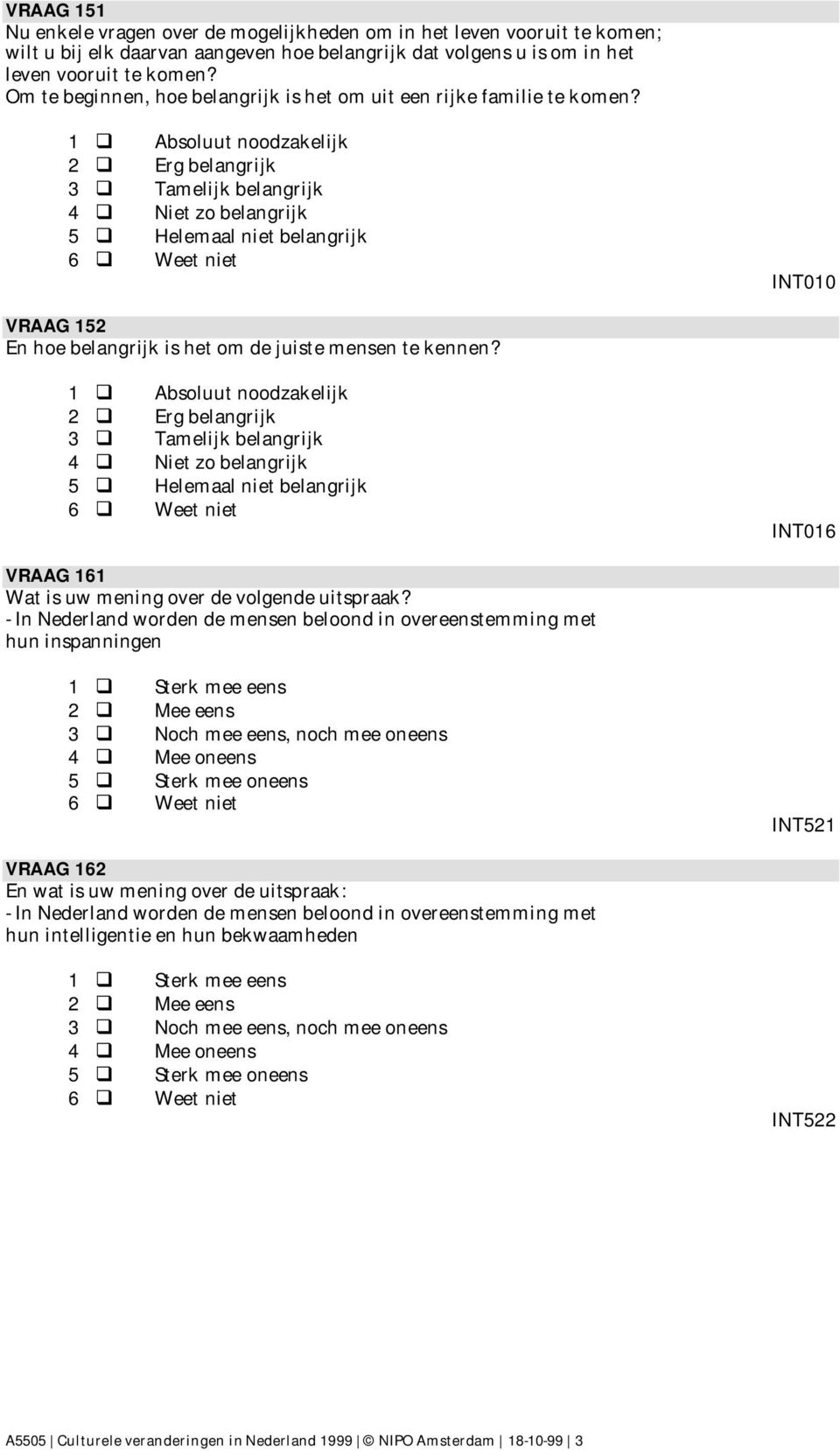 1 Absoluut noodzakelijk 2 Erg belangrijk 3 Tamelijk belangrijk 4 Niet zo belangrijk 5 Helemaal niet belangrijk INT010 VRAAG 152 En hoe belangrijk is het om de juiste mensen te kennen?