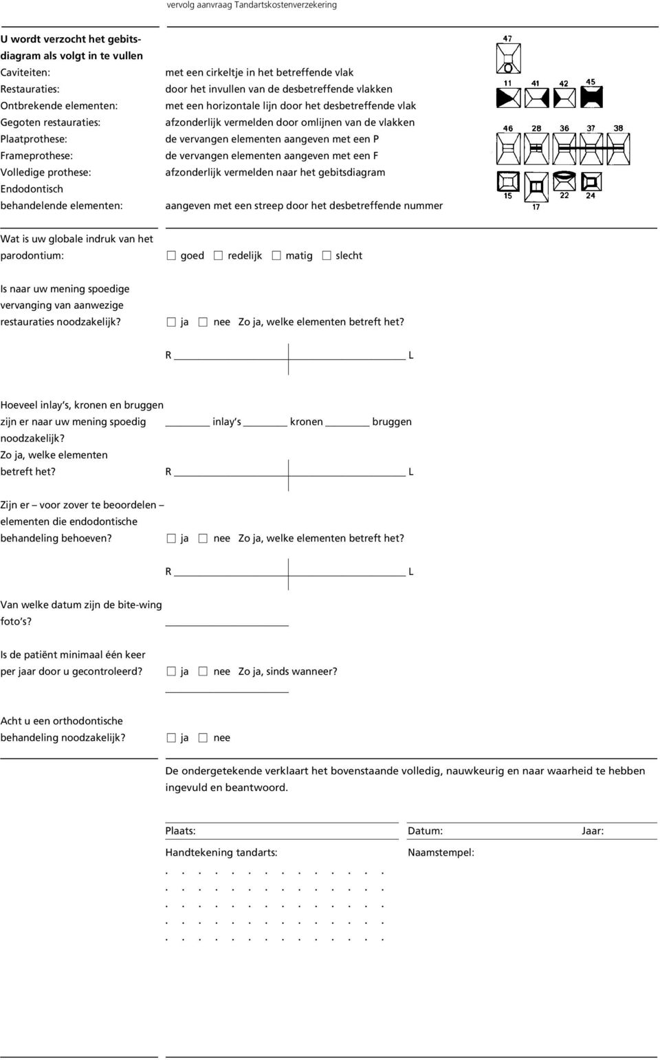 omlijnen van de vlakken de vervangen elementen aangeven met een P de vervangen elementen aangeven met een F afzonderlijk vermelden naar het gebitsdiagram aangeven met een streep door het