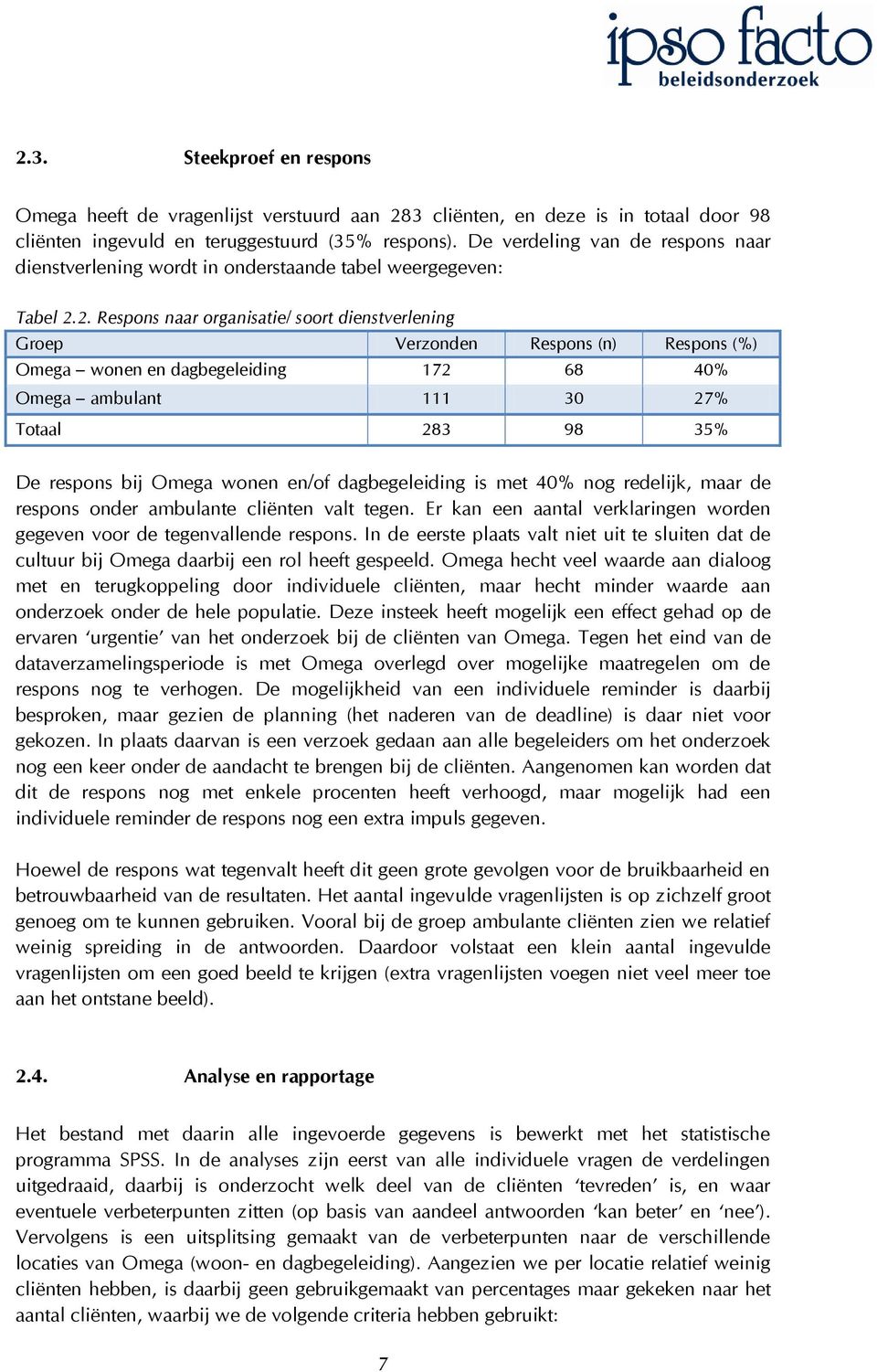 . Respons naar organisatie/ soort dienstverlening Groep Verzonden Respons (n) Respons (%) Omega wonen en dagbegeleiding 7 68 4% Omega ambulant 7% Totaal 8 8 5% De respons bij Omega wonen en/of