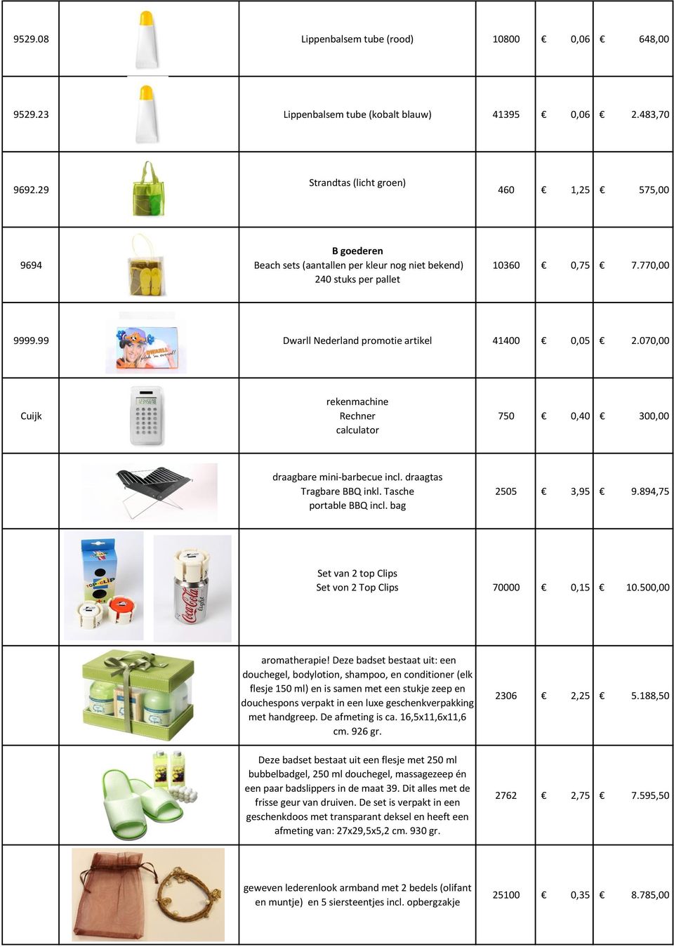 99 Dwarll Nederland promotie artikel 41400 0,05 2.070,00 Cuijk rekenmachine Rechner calculator 750 0,40 300,00 draagbare mini-barbecue incl. draagtas Tragbare BBQ inkl. Tasche portable BBQ incl.