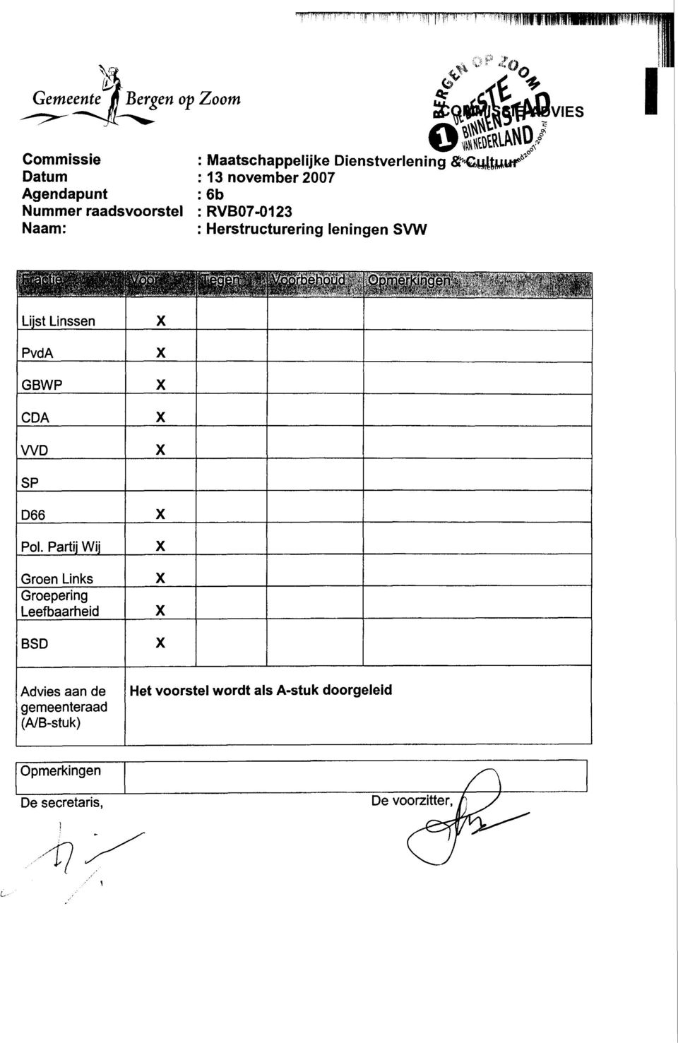 Opmerkingeh...«^V PvdA GBWP CDA WD SP D66 Pol.