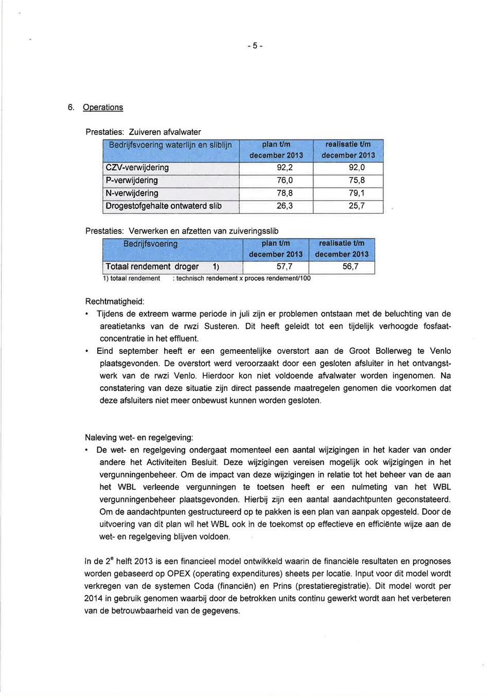 57,7 56,7 1) totaal rendement : technisch rendement x proces rendement/100 Rechtmatigheid: 1 Tijdens de extreem warme periode in juli zijn er problemen ontstaan met de beluchting van de areatietanks