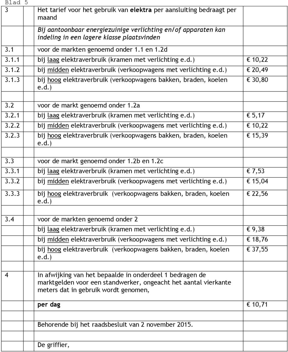 2 voor de markt genoemd onder 1.2a 30,80 3.2.1 ij laag elektraverruik (kramen met verlichting 5,17 3.2.2 ij midden elektraverruik (verkoopwagens met verlichting 10,22 3.2.3 ij hoog elektraverruik (verkoopwagens akken, raden, koelen 3.