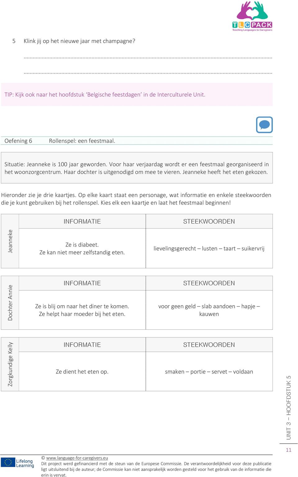 Haar dochter is uitgenodigd om mee te vieren. Jeanneke heeft het eten gekozen. Hieronder zie je drie kaartjes.