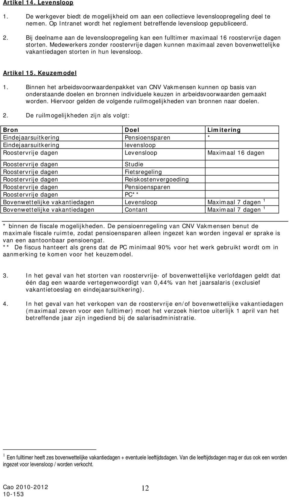 Medewerkers zonder roostervrije dagen kunnen maximaal zeven bovenwettelijke vakantiedagen storten in hun levensloop. Artikel 15. Keuzemodel 1.