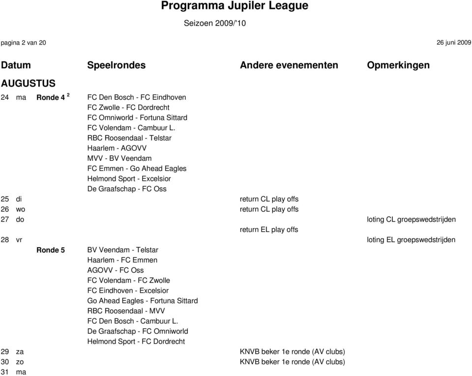 do loting CL groepswedstrijden return EL play offs 28 vr loting EL groepswedstrijden Ronde 5 BV Veendam - Telstar Haarlem - FC Emmen AGOVV - FC Oss FC Volendam - FC Zwolle FC Eindhoven -