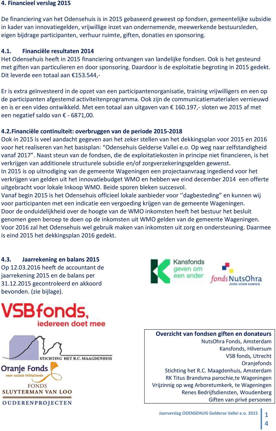 Financiële resultaten 2014 Het Odensehuis heeft in 2015 financiering ontvangen van landelijke fondsen. Ook is het gesteund met giften van particulieren en door sponsoring.