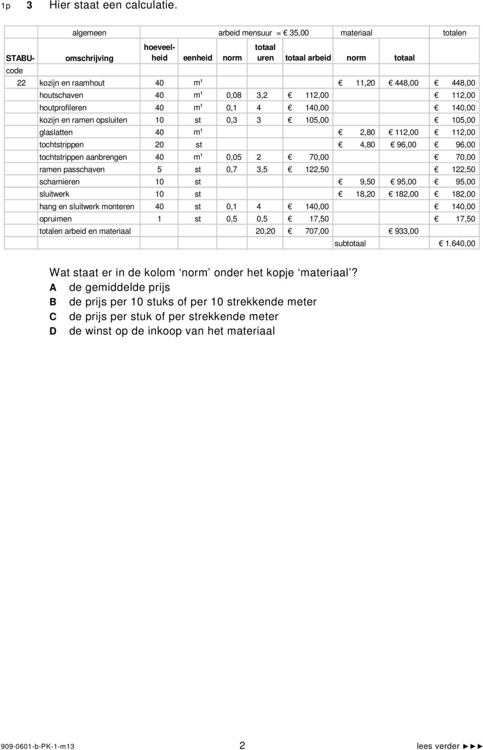 m¹ 0,08 3,2 112,00 112,00 houtprofileren 40 m¹ 0,1 4 140,00 140,00 kozijn en ramen opsluiten 10 st 0,3 3 105,00 105,00 glaslatten 40 m¹ 2,80 112,00 112,00 tochtstrippen 20 st 4,80 96,00 96,00