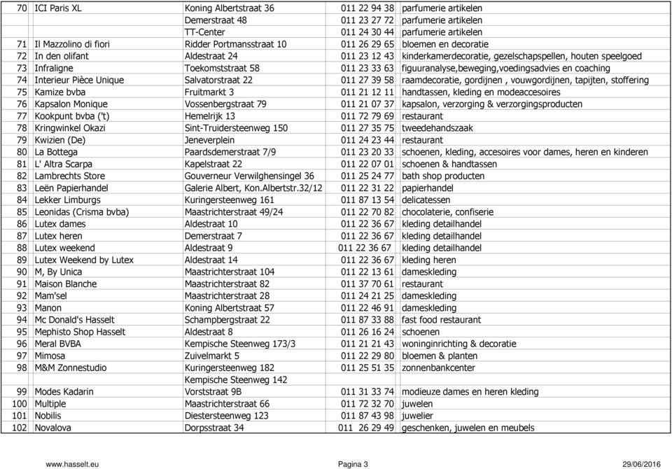 figuuranalyse,beweging,voedingsadvies en coaching 74 Interieur Pièce Unique Salvatorstraat 22 011273958 raamdecoratie, gordijnen, vouwgordijnen, tapijten, stoffering 75 Kamize bvba Fruitmarkt 3