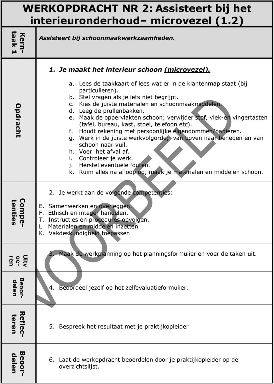 f. Houdt rekening met persoonlijke eigendommen/papieren. g. Werk in de juiste werkvolgorde; van boven naar beneden en van schoon naar vuil. h. Voer het afval af. i. Controleer je werk. j. Herstel eventuele fouten.