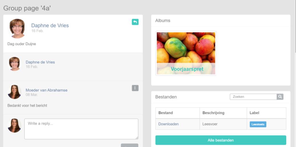 Groepspagina Via de menukeuze Groepspagina, heeft u toegang tot fotoalbums, bestanden en een blog alleen toegankelijk voor ouders verzorgers die via hun kind gekoppeld zijn aan deze groep.