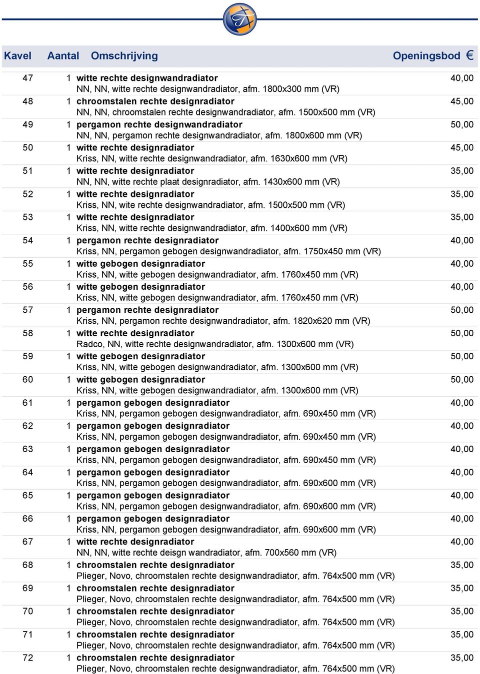 1800x600 mm (VR) 50 1 witte rechte designradiator Kriss, NN, witte rechte designwandradiator, afm. 1630x600 mm (VR) 51 1 witte rechte designradiator NN, NN, witte rechte plaat designradiator, afm.