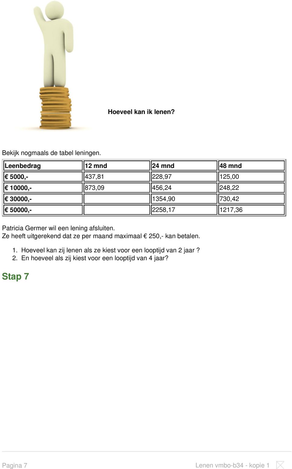 50000,- 2258,17 1217,36 Patricia Germer wil een lening afsluiten.