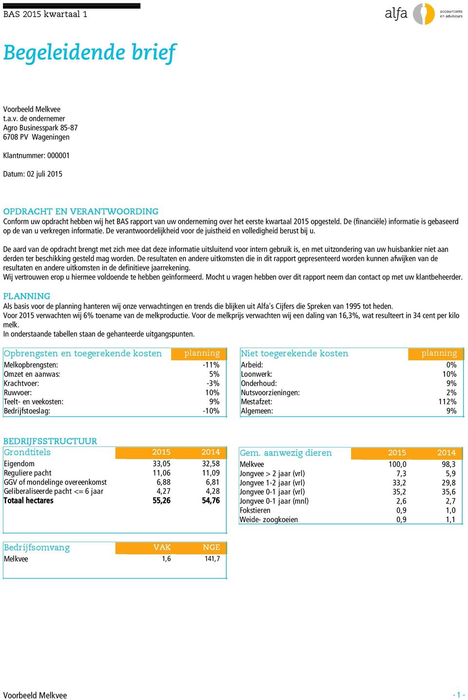 de ondernemer Agro Businesspark 85-87 678 PV Wageningen Klantnummer: 1 Datum: 2 juli 215 OPDRACHT EN VERANTWOORDING Conform uw opdracht hebben wij het BAS rapport van uw onderneming over het eerste