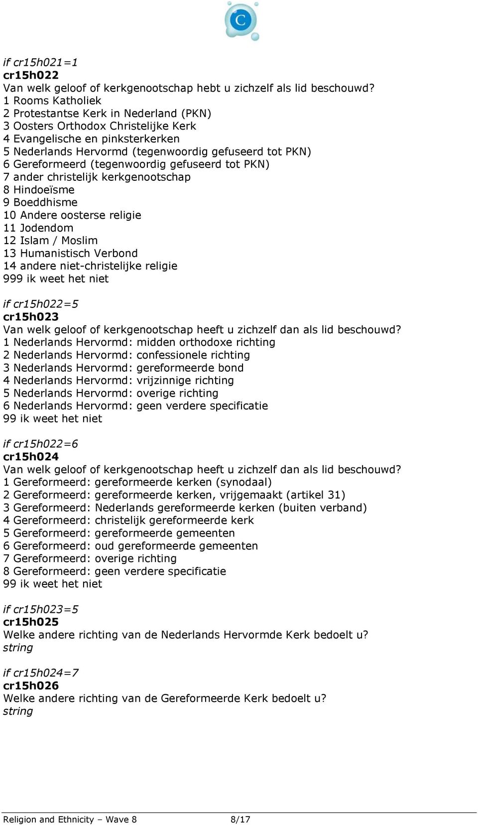 (tegenwoordig gefuseerd tot PKN) 7 ander christelijk kerkgenootschap 8 Hindoeïsme 9 Boeddhisme 10 Andere oosterse religie 11 Jodendom 12 Islam / Moslim 13 Humanistisch Verbond 14 andere