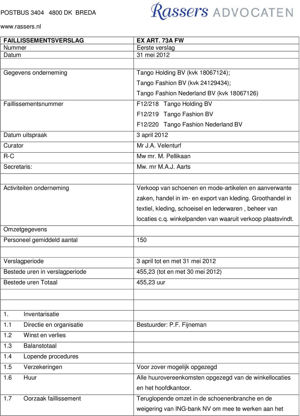 F12/218 Tango Holding BV F12/219 Tango Fashion BV F12/220 Tango Fashion Nederland BV Datum uitspraak 3 april 2012 Curator Mr J.
