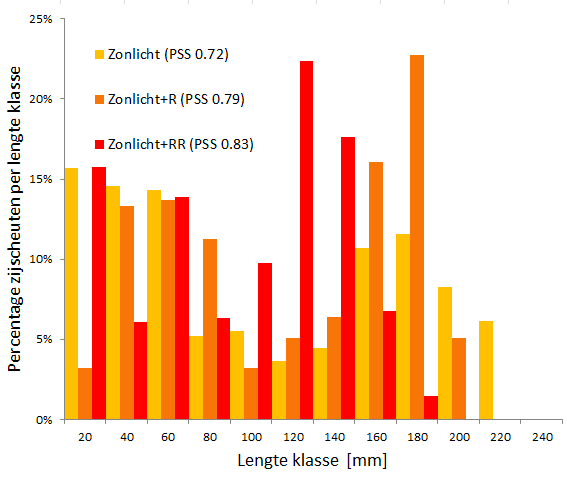 Kwantitatief De toegenomen compactheid bij een toenemend rood spectrum werd vooral veroorzaakt door grote verschillen in lengte van de hoofdstengel (Fig. 9).