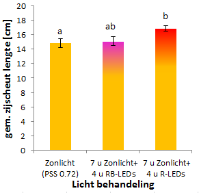 zijscheuten (Fig. 15C). Het gebruik van RB-LED-licht tijdens deze laatste 4 uur van de lichtperiode had geen meetbare verandering van de zijscheutlengte tot gevolg.